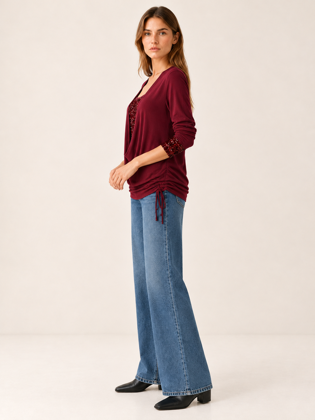 Theodore | Women's Cowl Neck Sequin Trim Top Fall Holiday Party