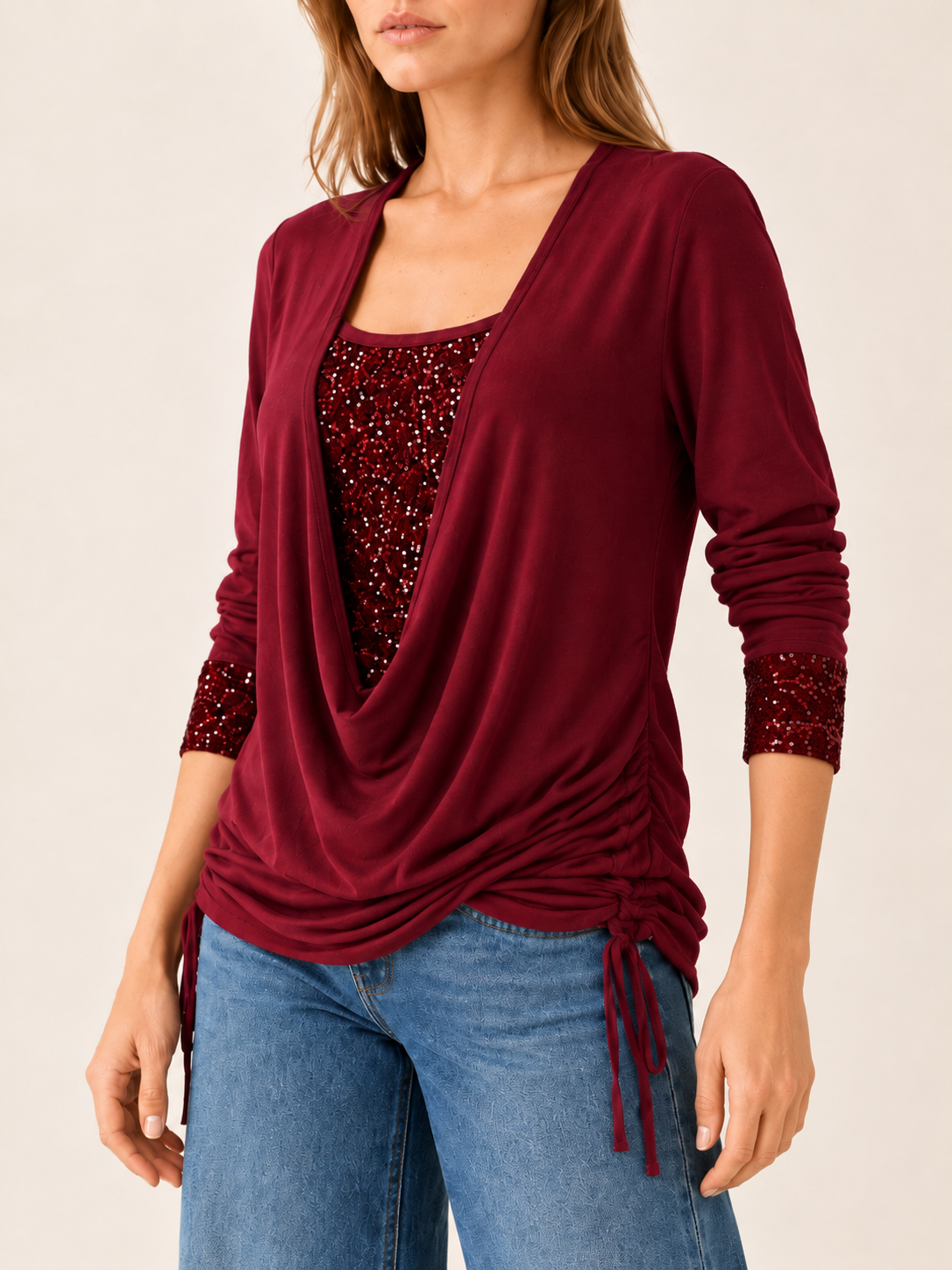Theodore | Women's Cowl Neck Sequin Trim Top Fall Holiday Party