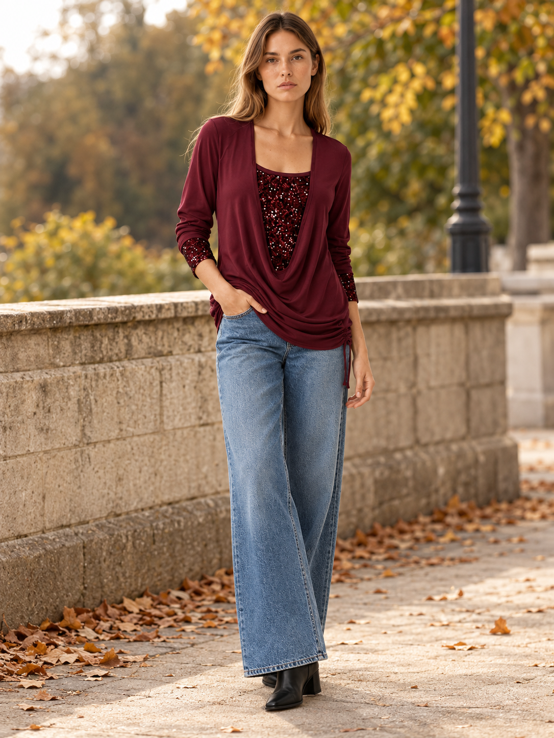 Theodore | Women's Cowl Neck Sequin Trim Top Fall Holiday Party