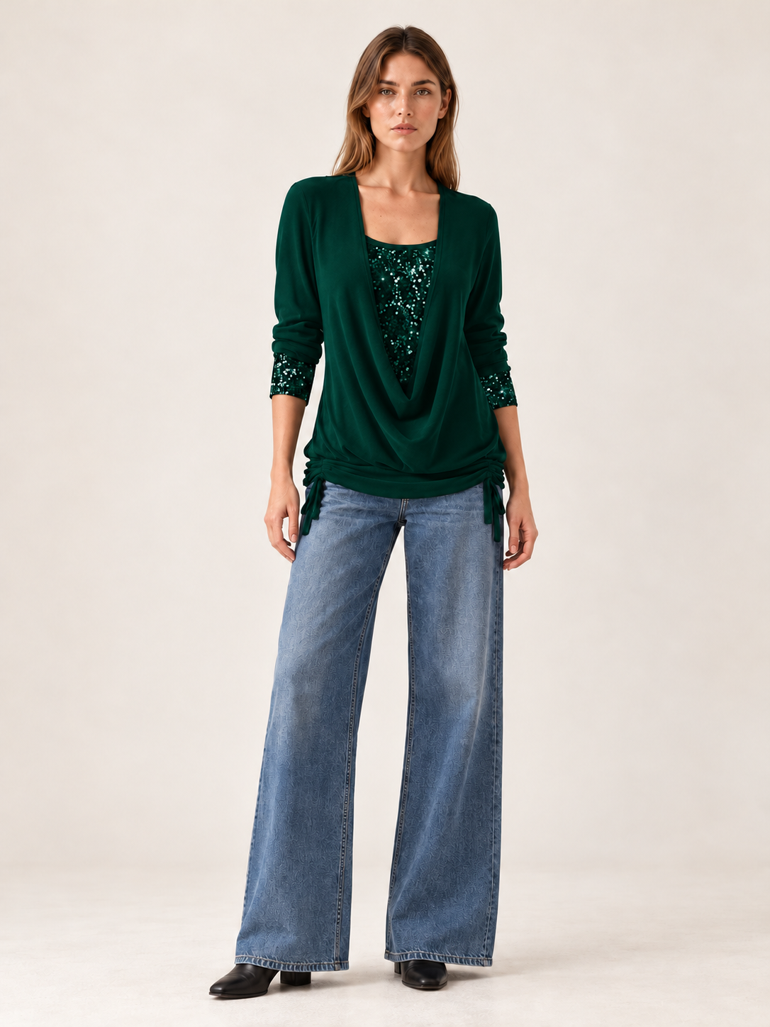 Theodore | Women's Cowl Neck Sequin Trim Top Fall Holiday Party