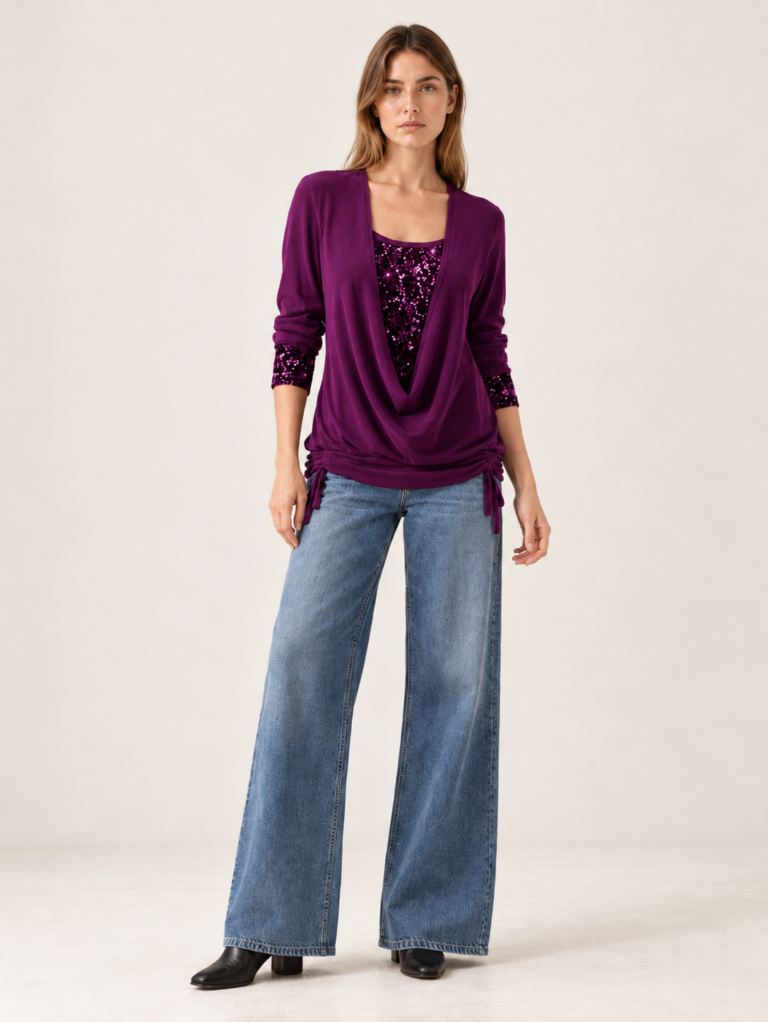 Theodore | Women's Cowl Neck Sequin Trim Top Fall Holiday Party