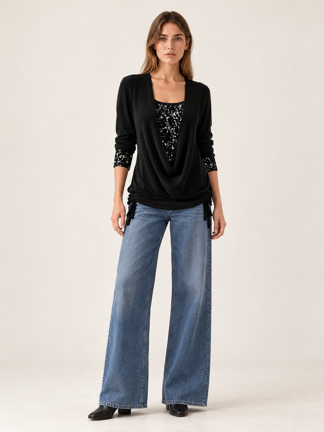 Theodore | Women's Cowl Neck Sequin Trim Top Fall Holiday Party