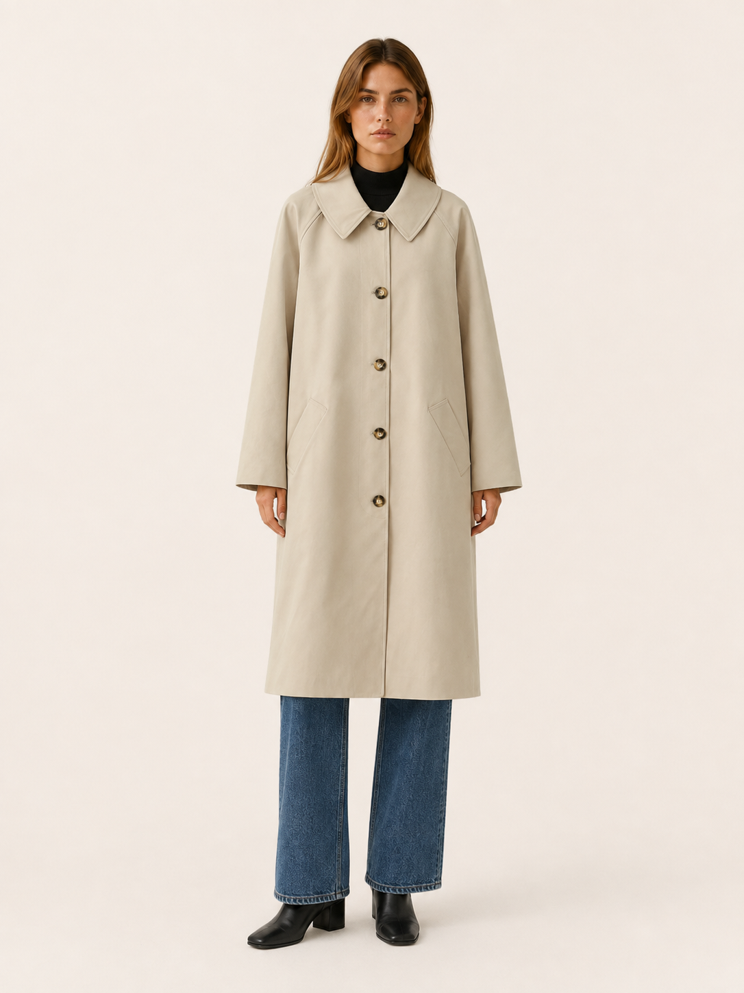 Therese | Long Trench Coat with Check Lining and Relaxed Fit