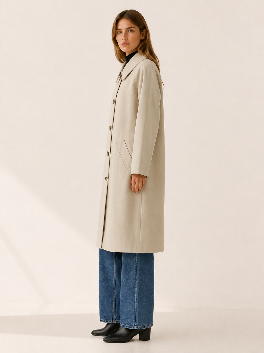 Therese | Long Trench Coat with Check Lining and Relaxed Fit
