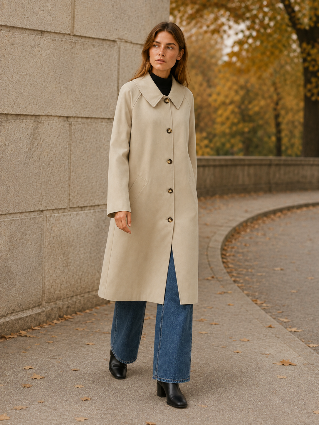 Therese | Long Trench Coat with Check Lining and Relaxed Fit