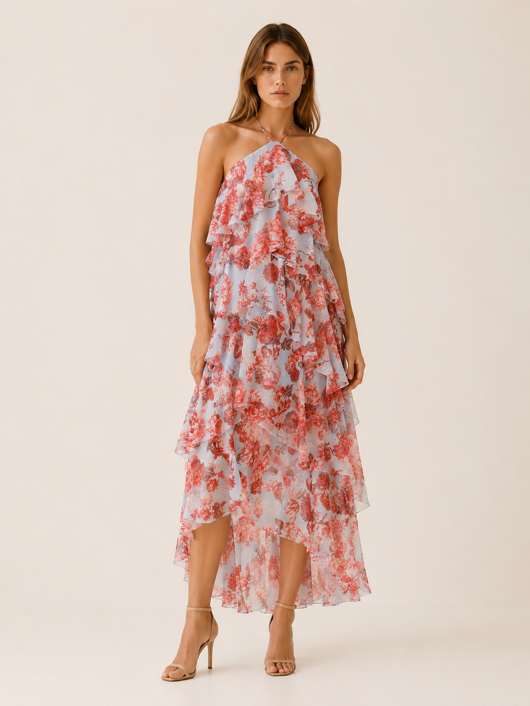 Thessaly | Floral Halterneck Maxi Dress with Ruffle Skirt