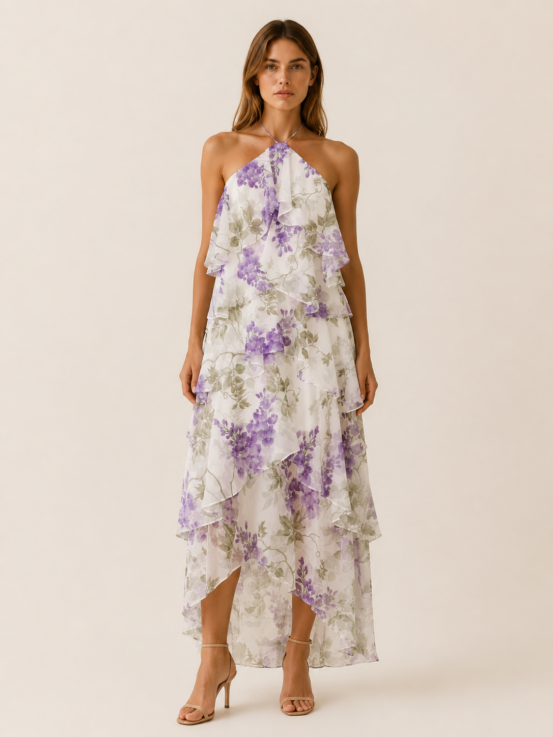 Thessaly | Floral Halterneck Maxi Dress with Ruffle Skirt