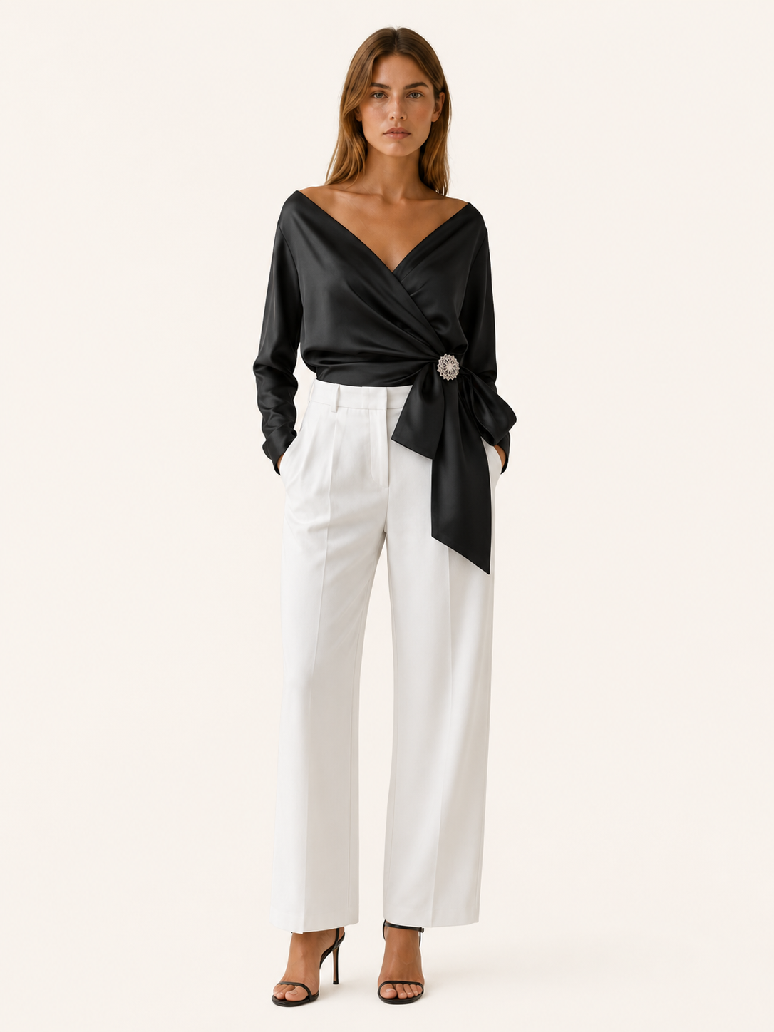 Thessia | Wrap Top with Bow Detail Satin Blouse