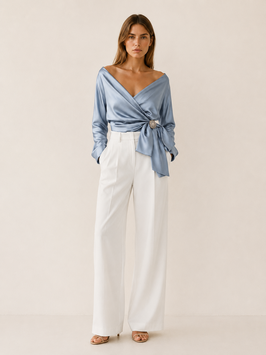 Thessia | Wrap Top with Bow Detail Satin Blouse