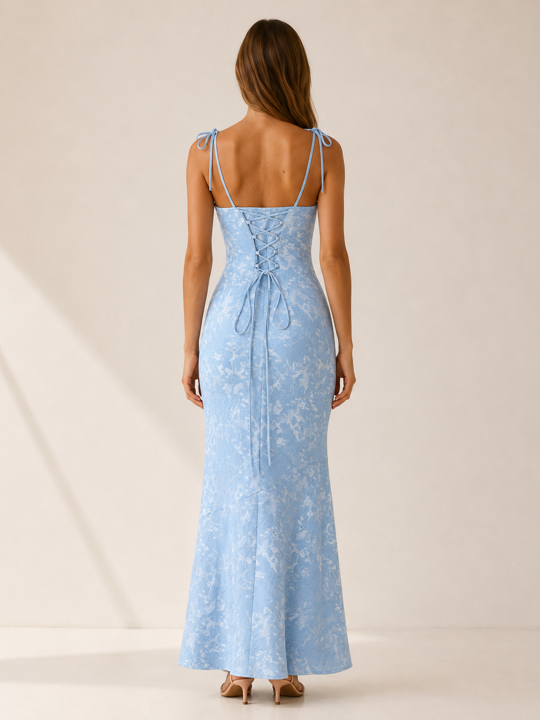 Tirzah | Jacquard Lace-Up Maxi Dress with Tie Straps