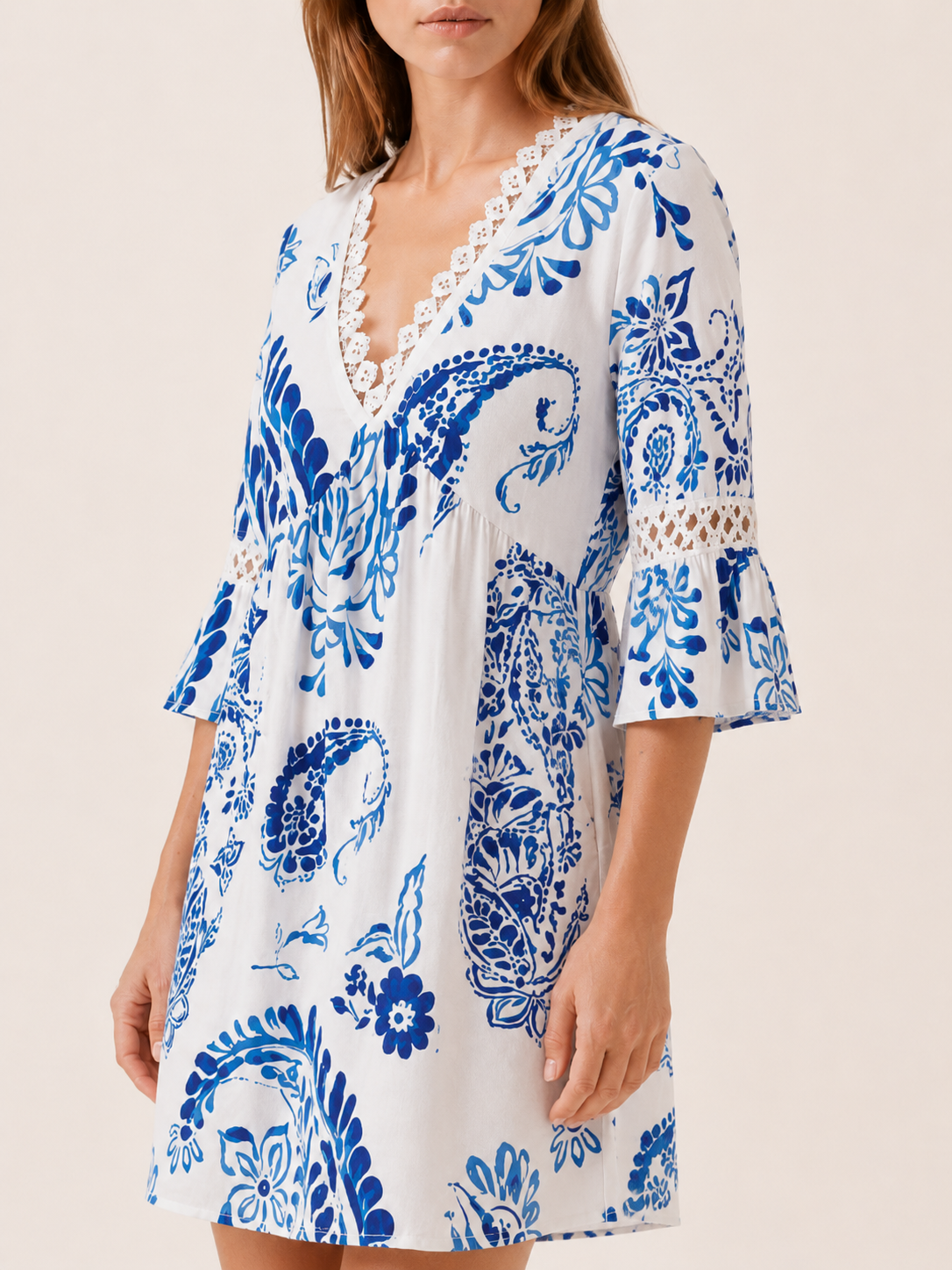 Trevina | Mini Dress with V Neck Lace Detail Summer Fit