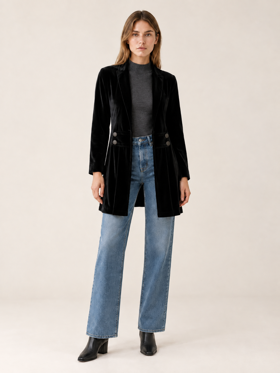 Velbourne | Women's Longline Velvet-Look Blazer