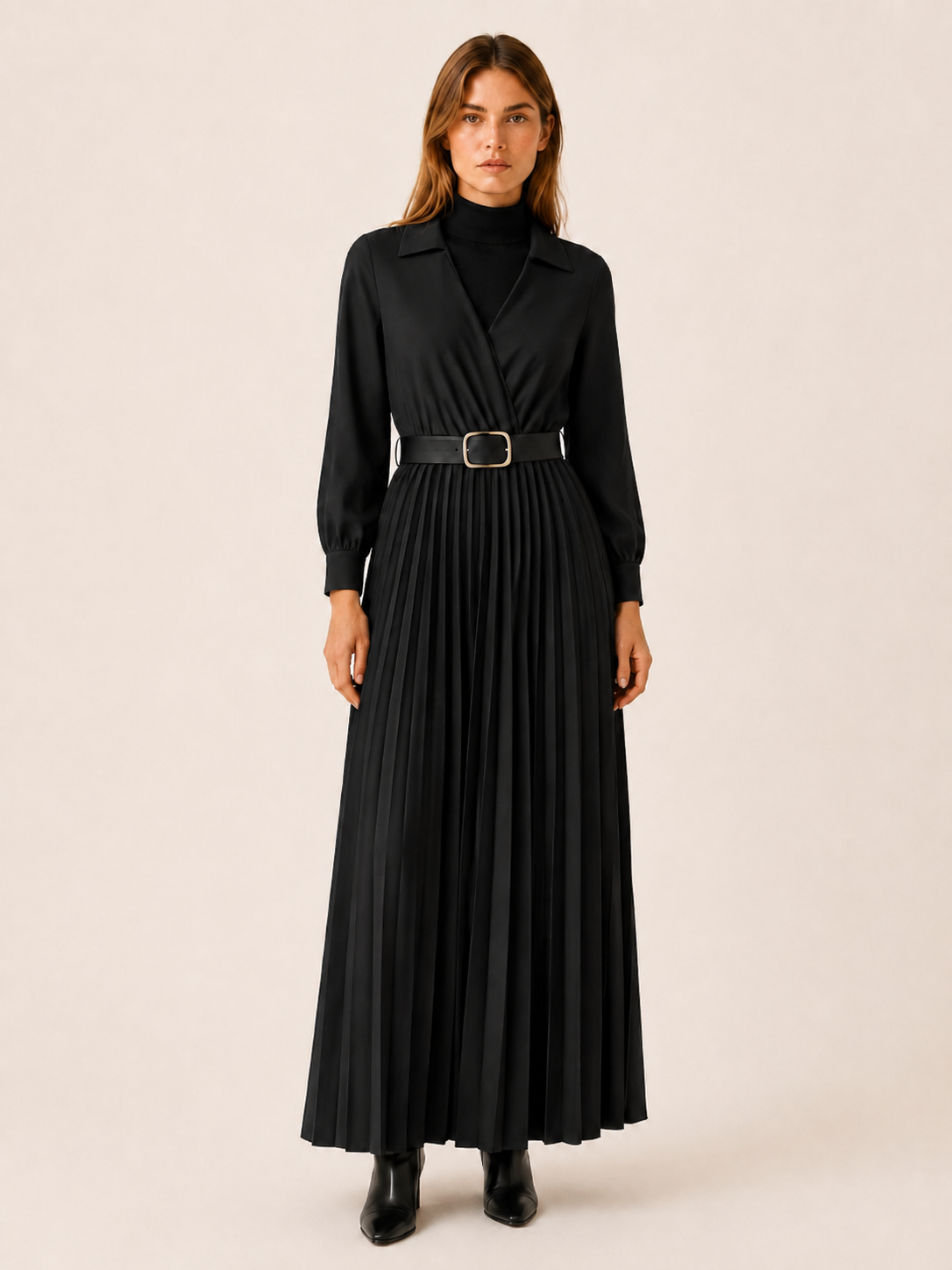 Velmirelle | Women’s Maxi Dress with Pleated Skirt and Belted Waist