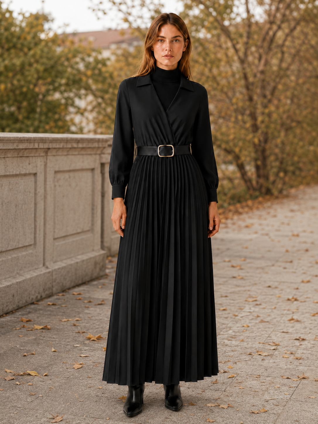Velmirelle | Women’s Maxi Dress with Pleated Skirt and Belted Waist
