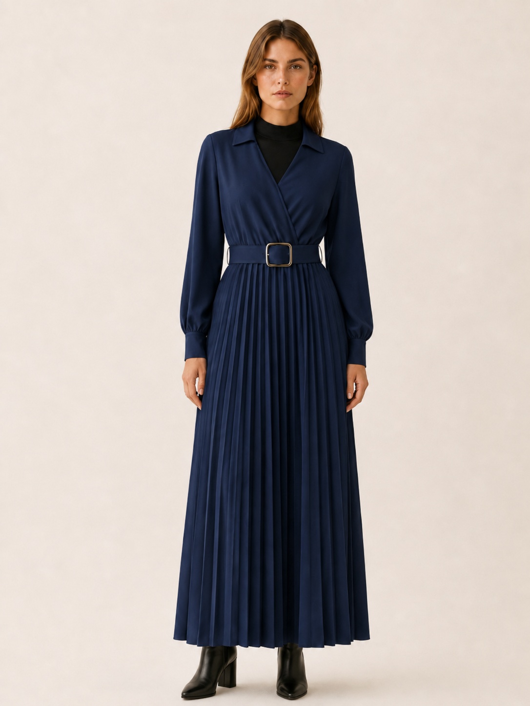 Velmirelle | Women’s Maxi Dress with Pleated Skirt and Belted Waist