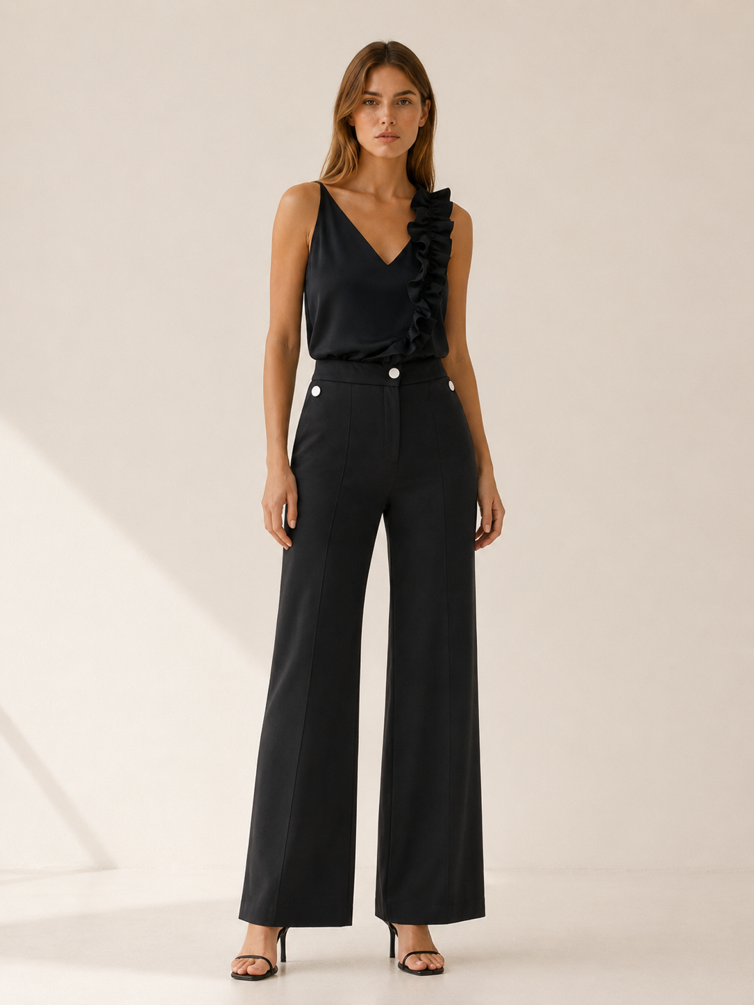 Velora | Ruffle Top with V Neck Asymmetric Detail