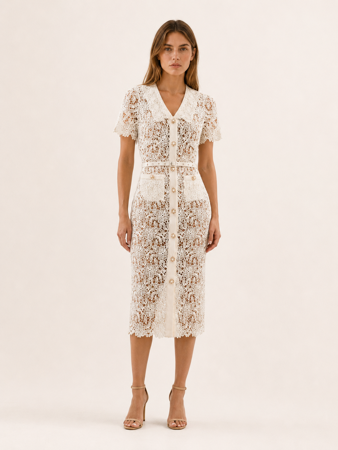 Veloriax | Lace Midi Dress with Button Front Belted Waist
