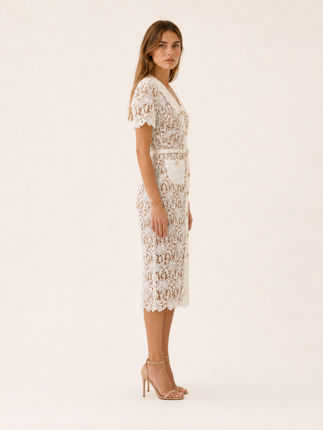 Veloriax | Lace Midi Dress with Button Front Belted Waist