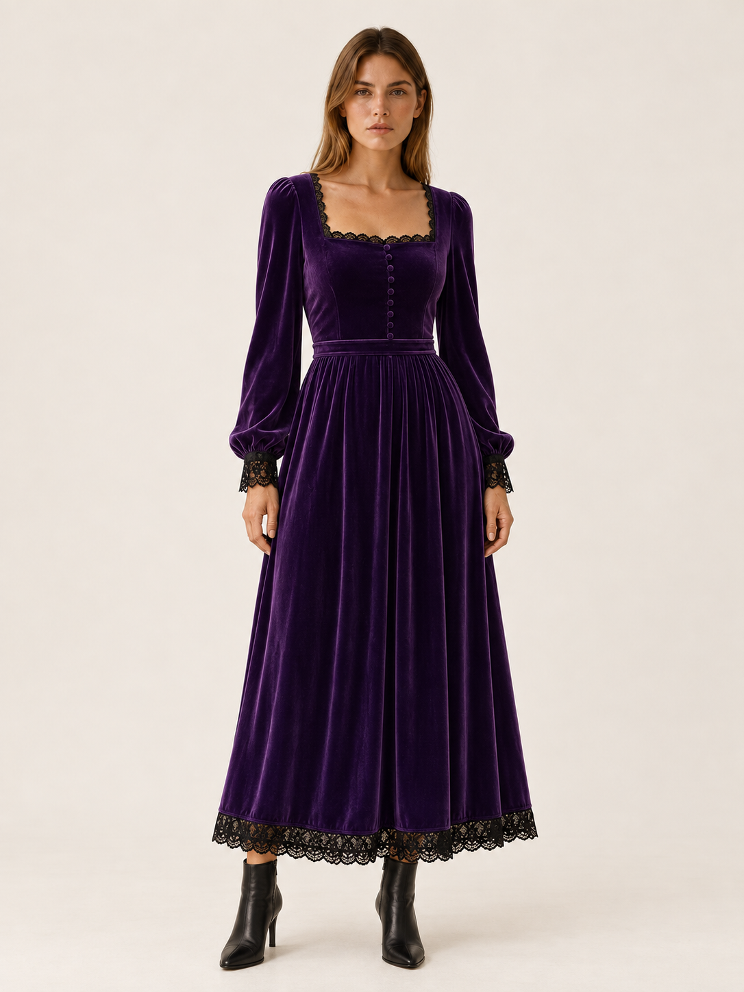 Velourette | Women's Square Neck Velvet-Look Midi Dress Wedding Guest