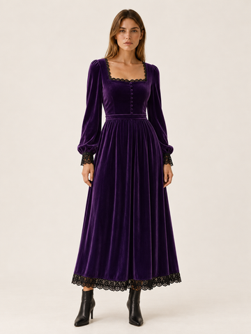 Velourette | Women's Square Neck Velvet-Look Midi Dress Wedding Guest