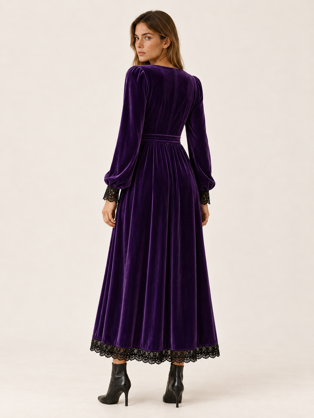 Velourette | Women's Square Neck Velvet-Look Midi Dress Wedding Guest