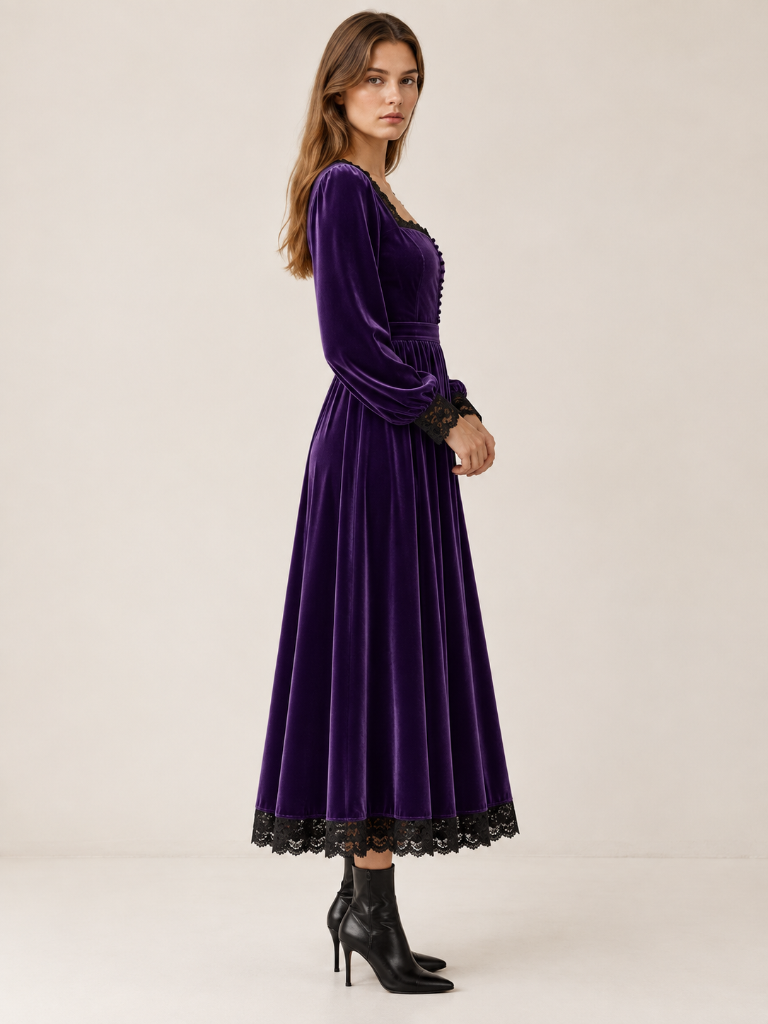 Velourette | Women's Square Neck Velvet-Look Midi Dress Wedding Guest