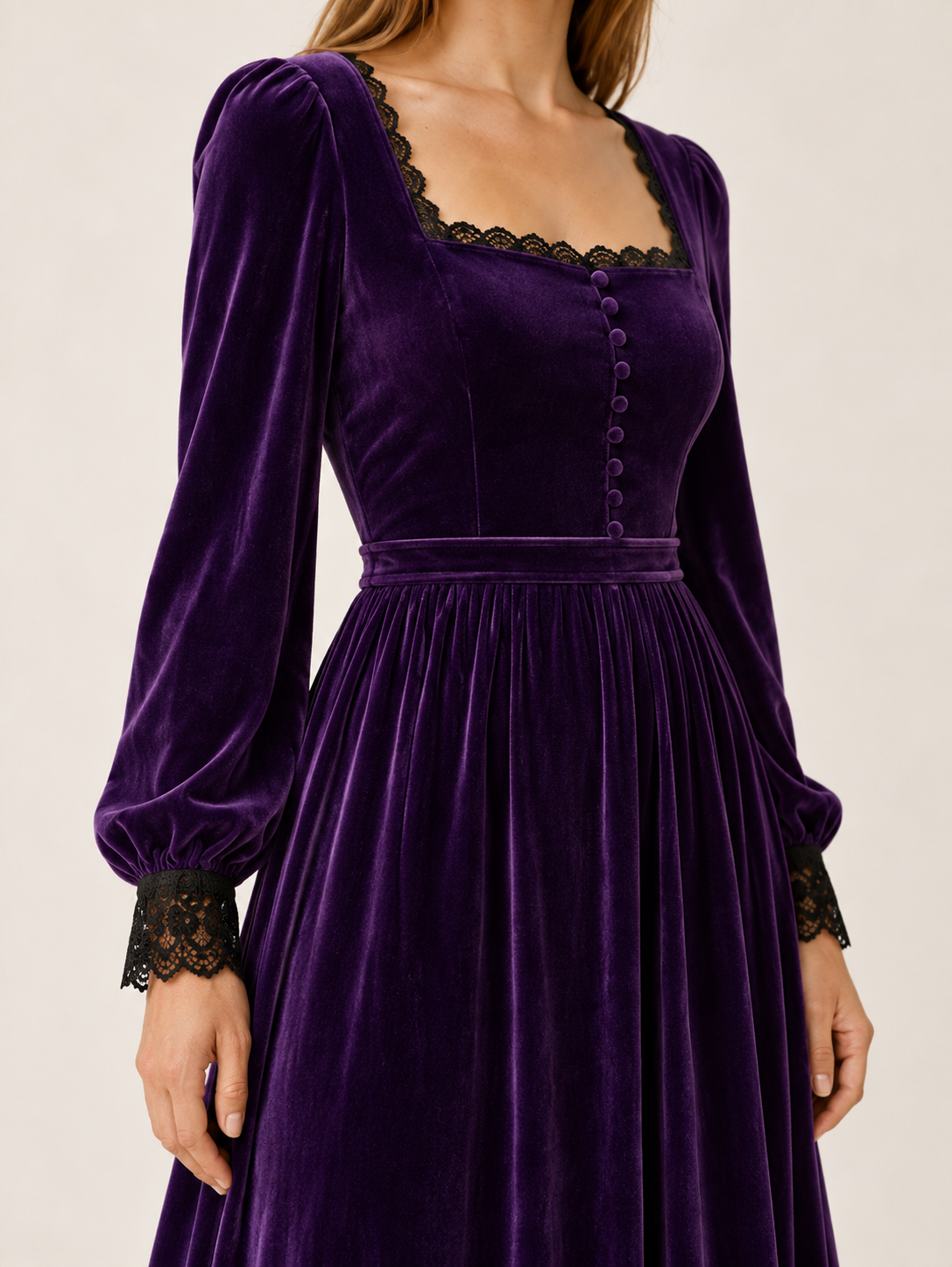 Velourette | Women's Square Neck Velvet-Look Midi Dress Wedding Guest