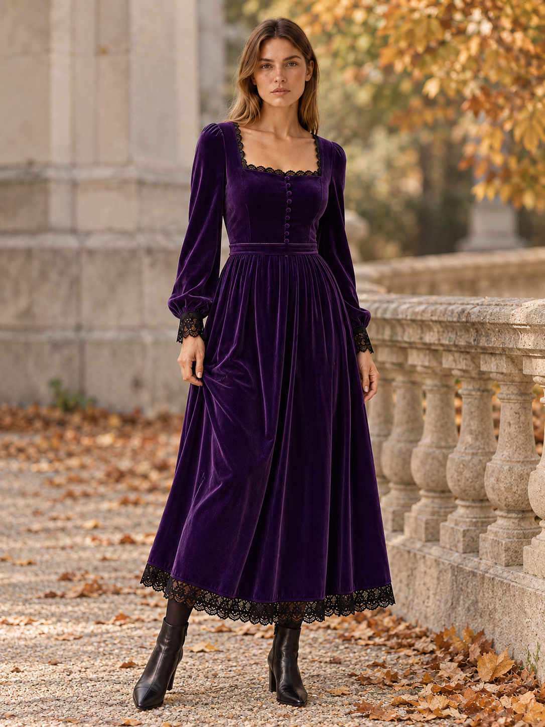 Velourette | Women's Square Neck Velvet-Look Midi Dress Wedding Guest
