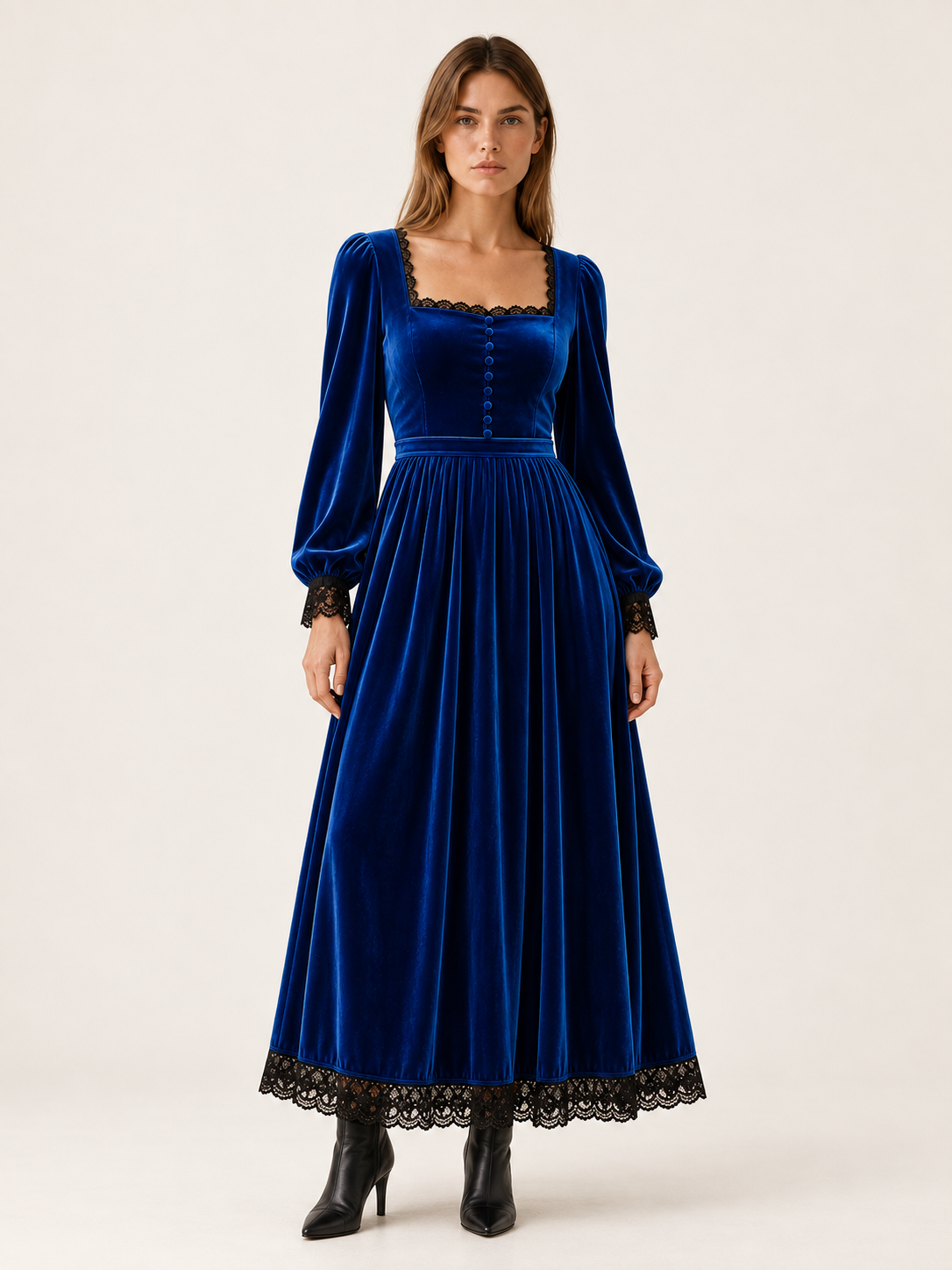 Velourette | Women's Square Neck Velvet-Look Midi Dress Wedding Guest