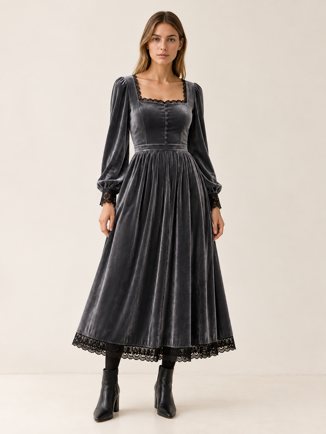 Velourette | Women's Square Neck Velvet-Look Midi Dress Wedding Guest