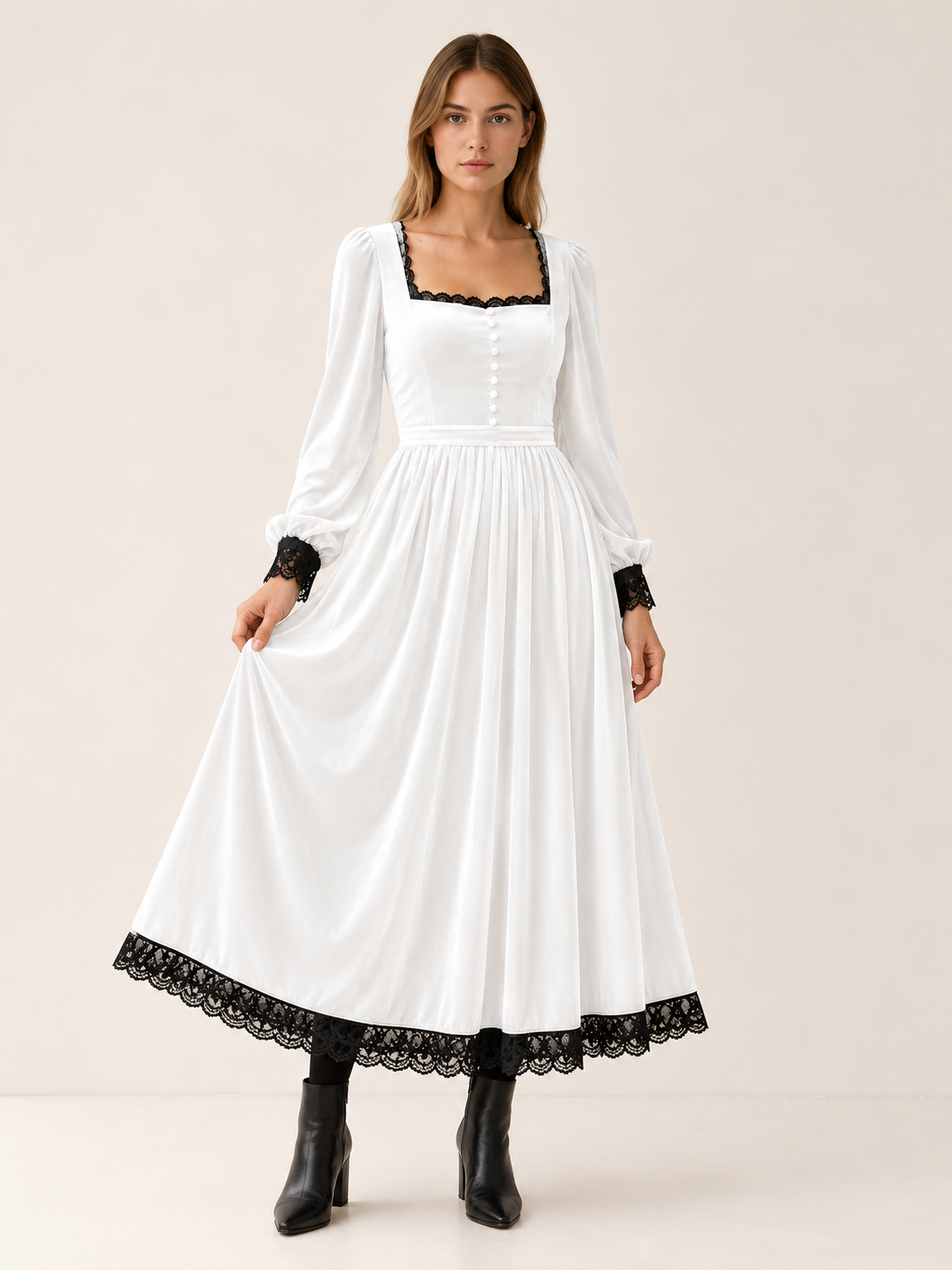 Velourette | Women's Square Neck Velvet-Look Midi Dress Wedding Guest