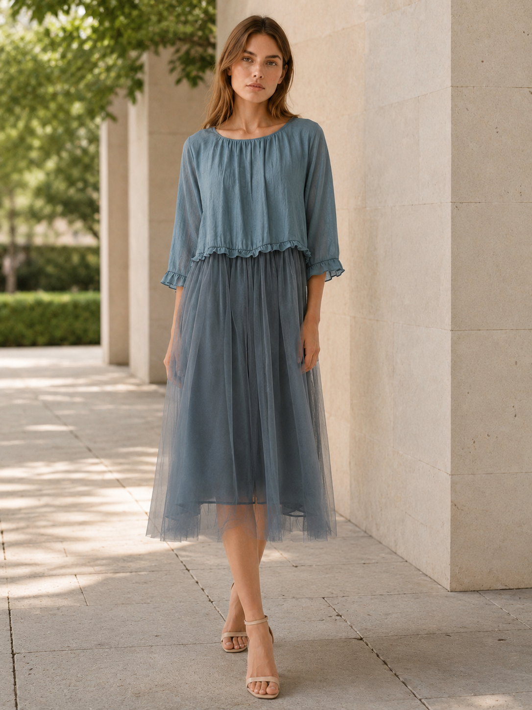 Vesta | Tulle Midi Dress with Chiffon Patchwork Summer Dress