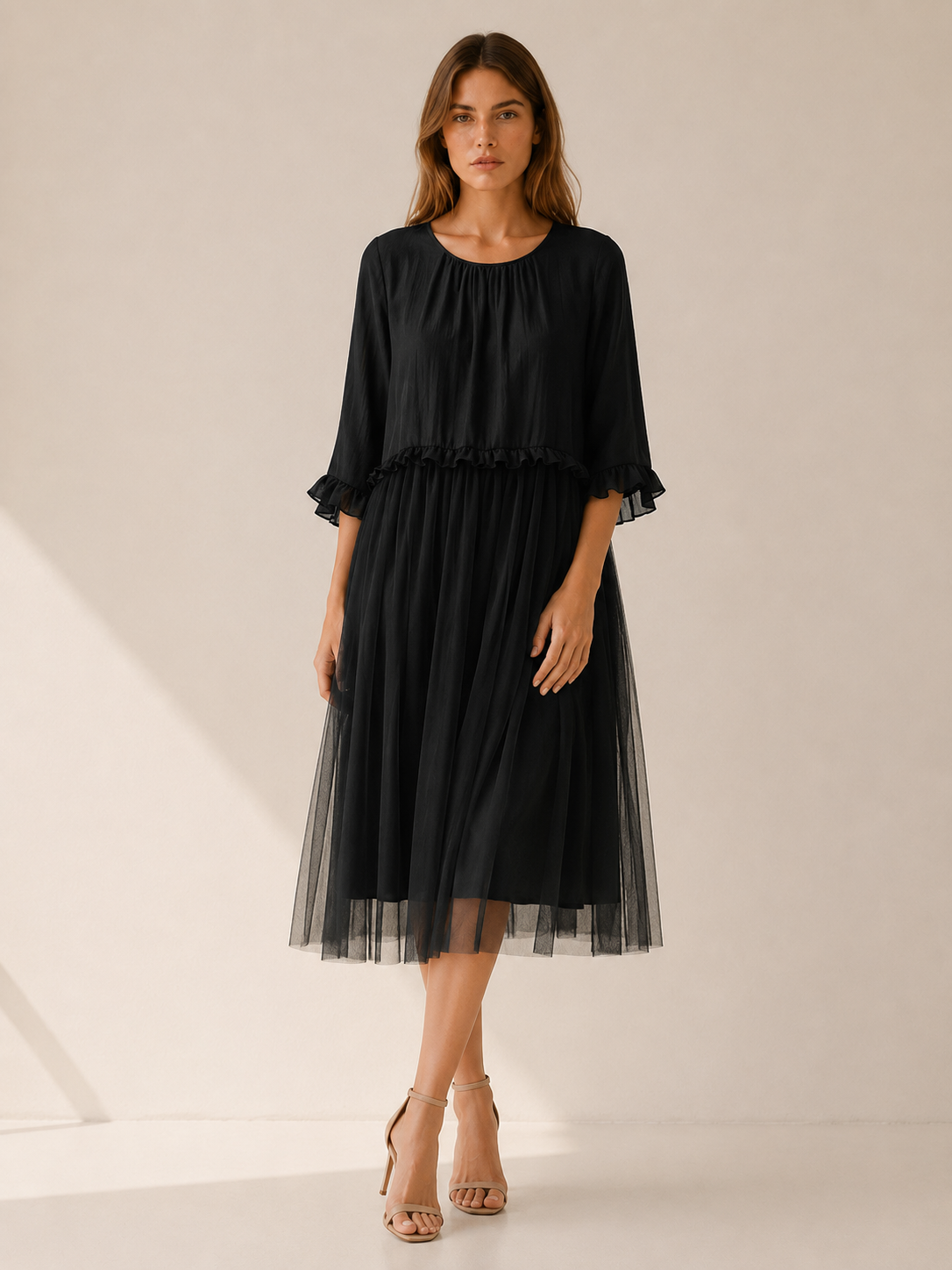 Vesta | Tulle Midi Dress with Chiffon Patchwork Summer Dress