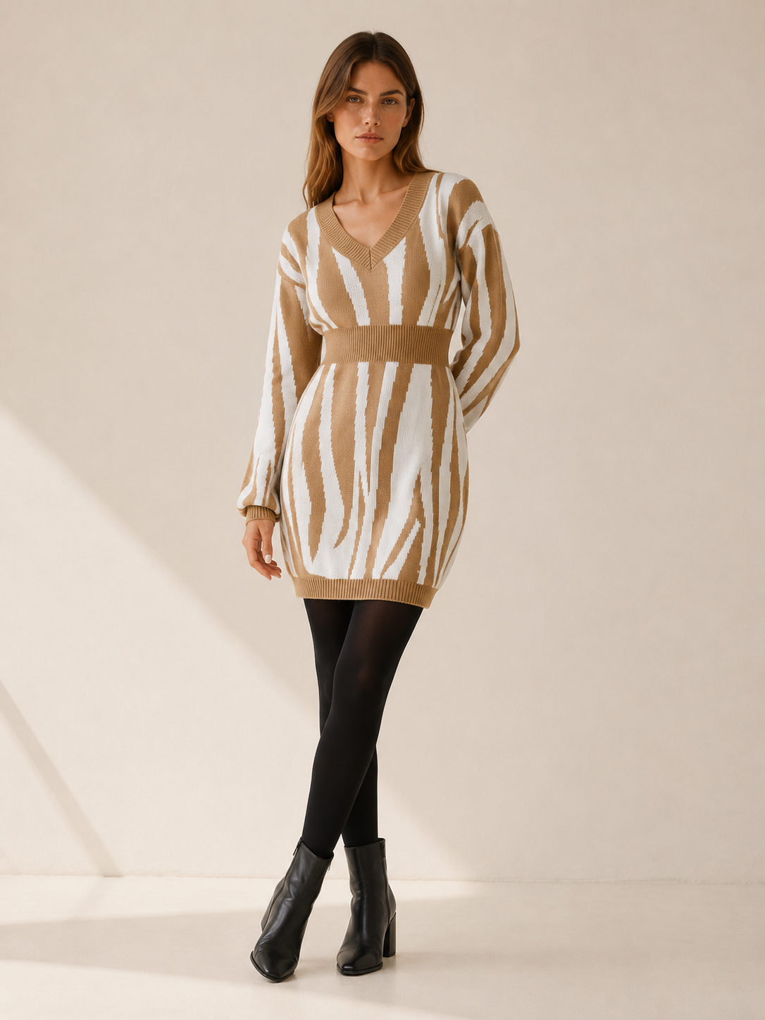 Vianne | Sweater Dress with Animal Print and V-Neck