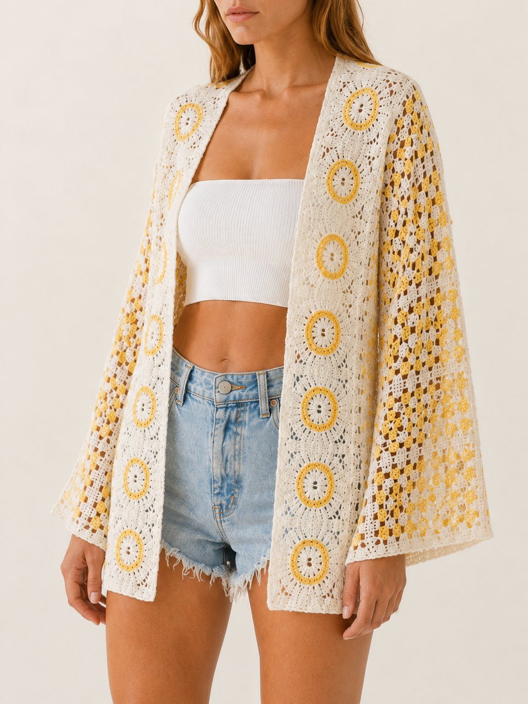 Viretta | Crochet Cardigan with Plaid Pattern Open Front