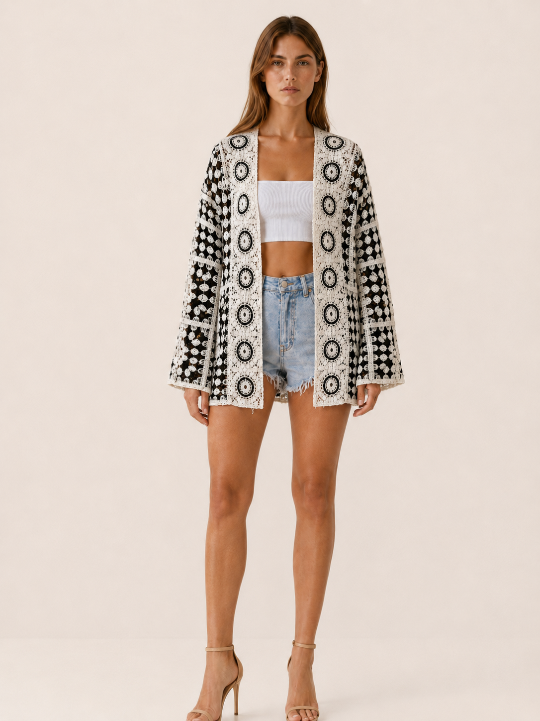 Viretta | Crochet Cardigan with Plaid Pattern Open Front