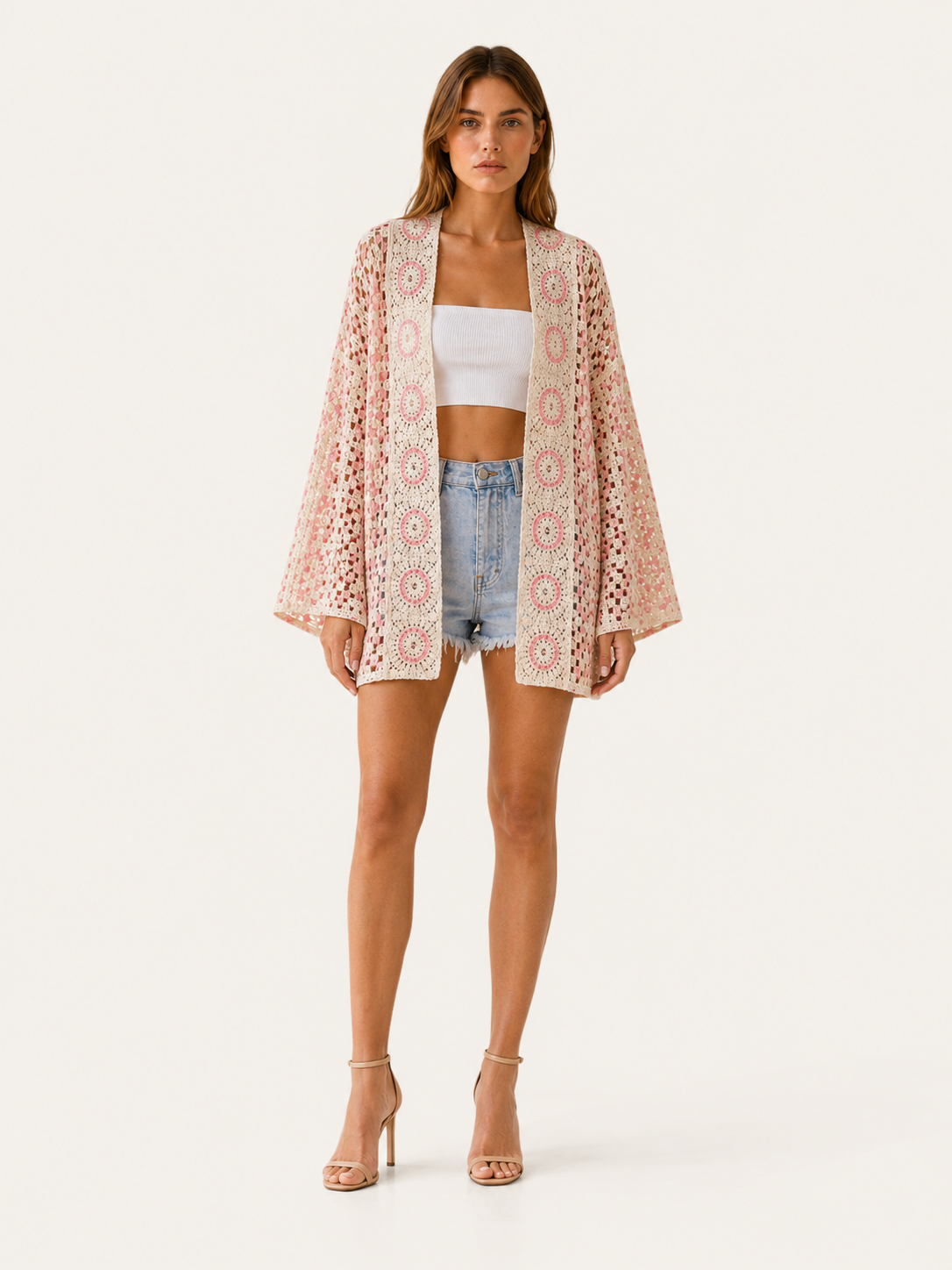 Viretta | Crochet Cardigan with Plaid Pattern Open Front