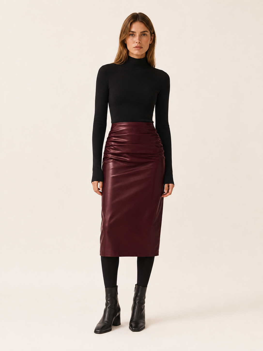Willow | Women's Leather-Look Ruched Midi Skirt with Back Slit
