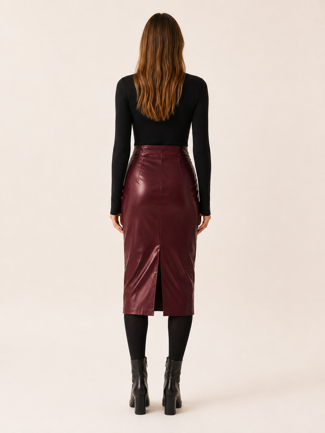 Willow | Women's Leather-Look Ruched Midi Skirt with Back Slit