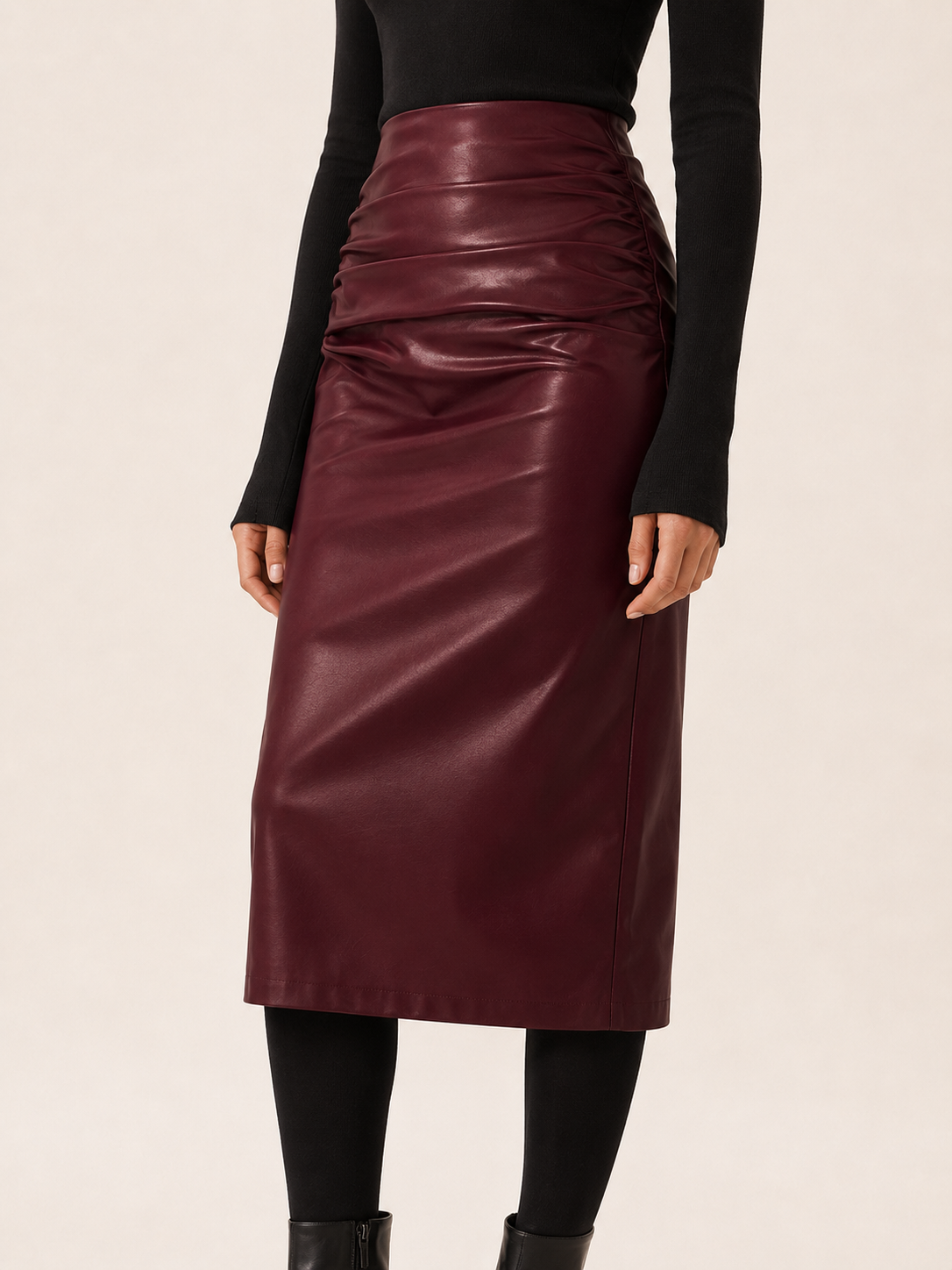 Willow | Women's Leather-Look Ruched Midi Skirt with Back Slit