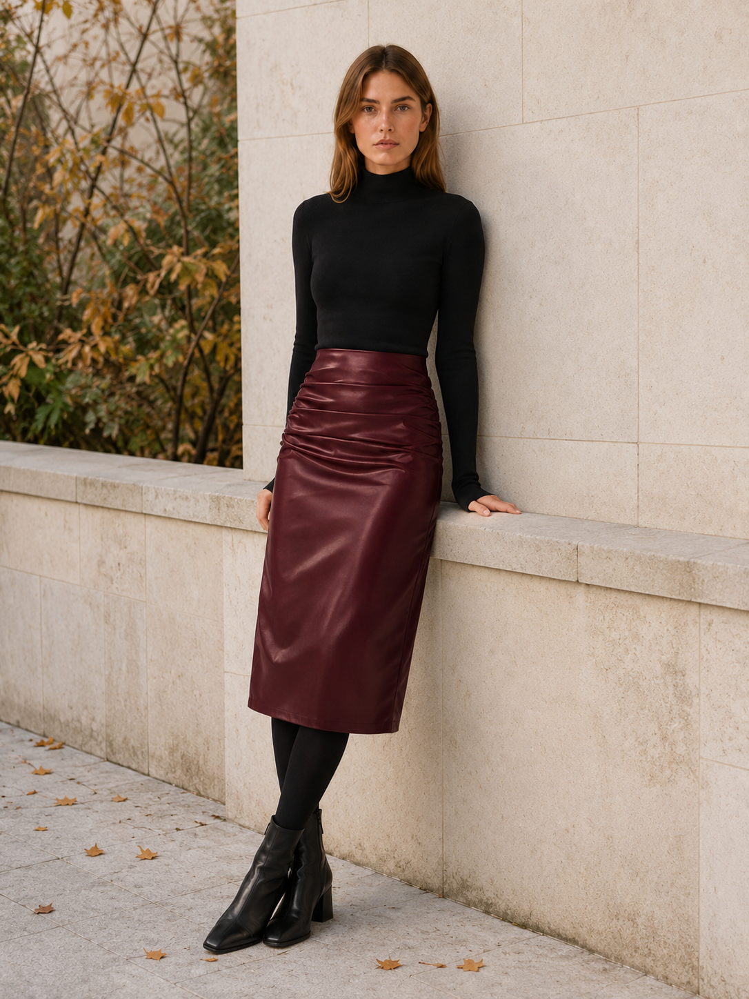 Willow | Women's Leather-Look Ruched Midi Skirt with Back Slit