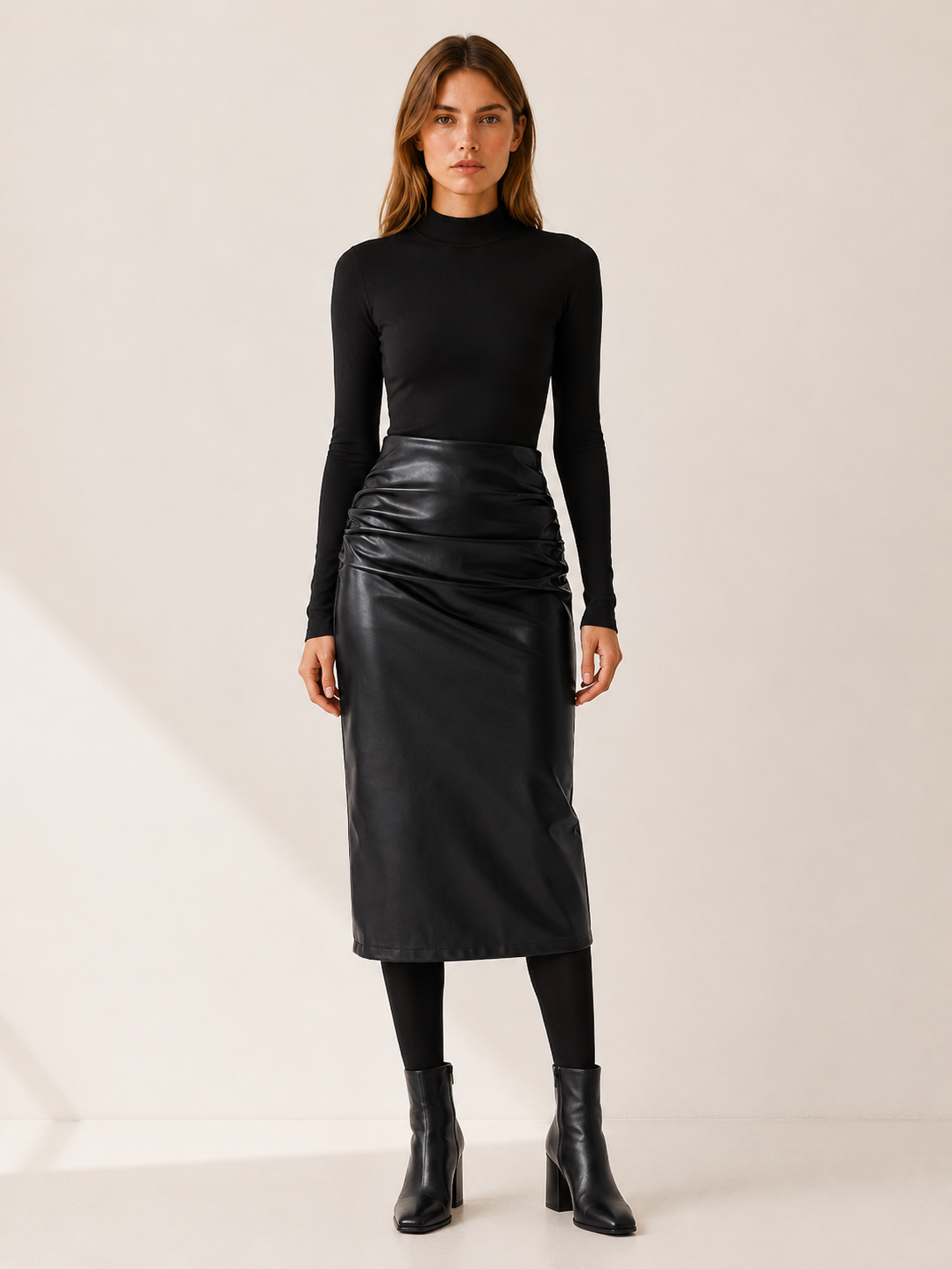 Willow | Women's Leather-Look Ruched Midi Skirt with Back Slit