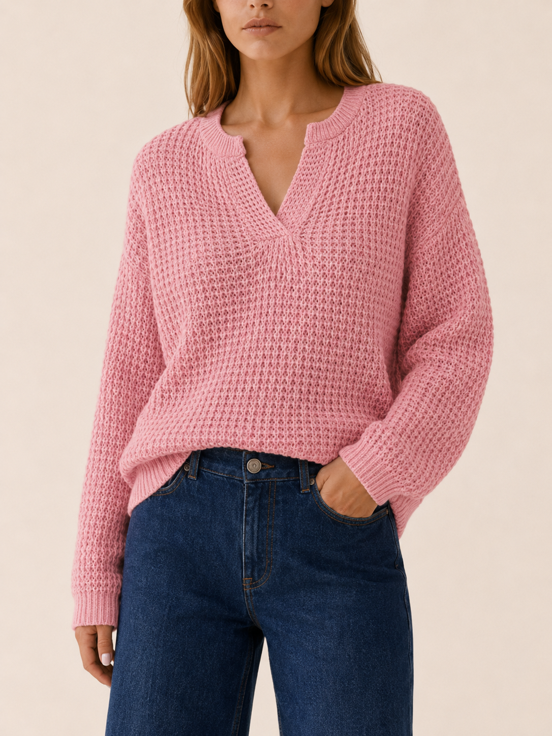 Ysoria | V-Neck Sweater with Notched Neckline and Relaxed Fit