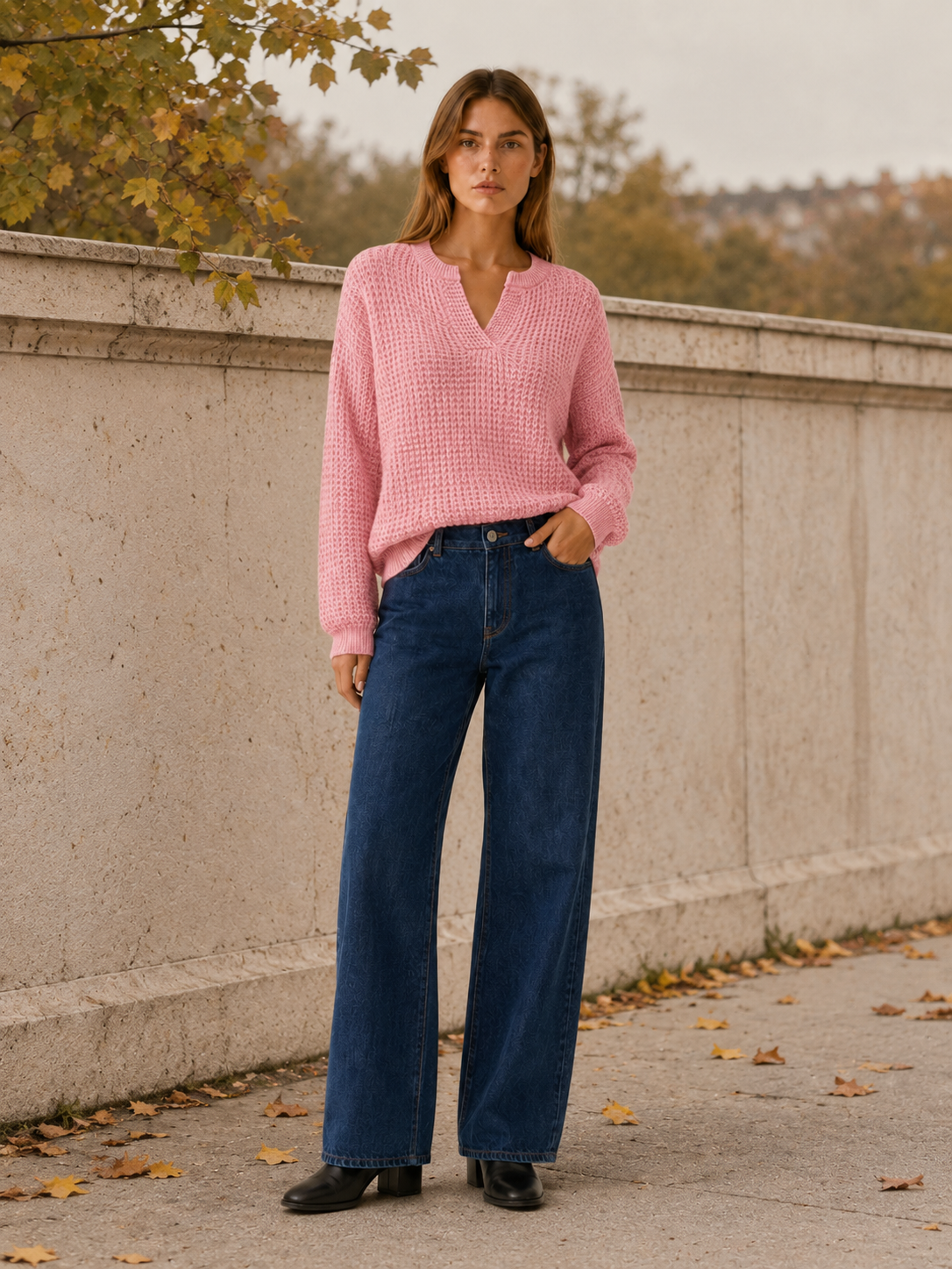 Ysoria | V-Neck Sweater with Notched Neckline and Relaxed Fit