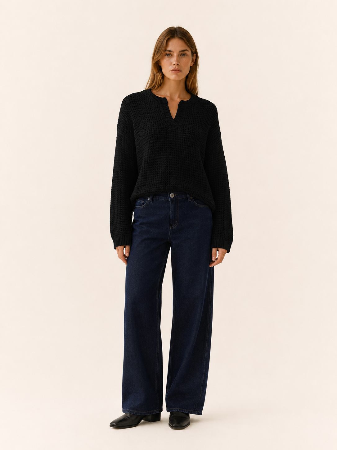 Ysoria | V-Neck Sweater with Notched Neckline and Relaxed Fit