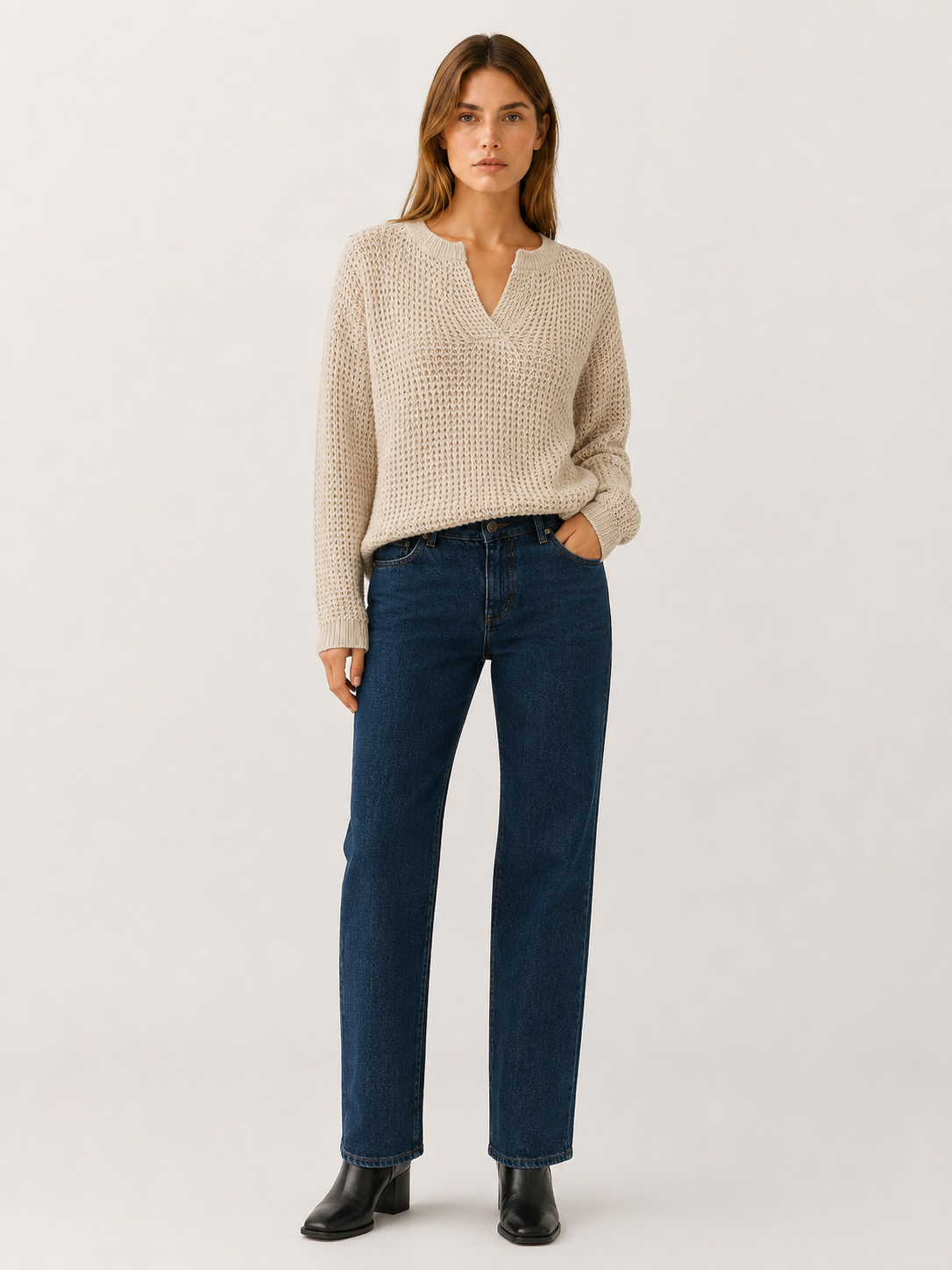 Ysoria | V-Neck Sweater with Notched Neckline and Relaxed Fit
