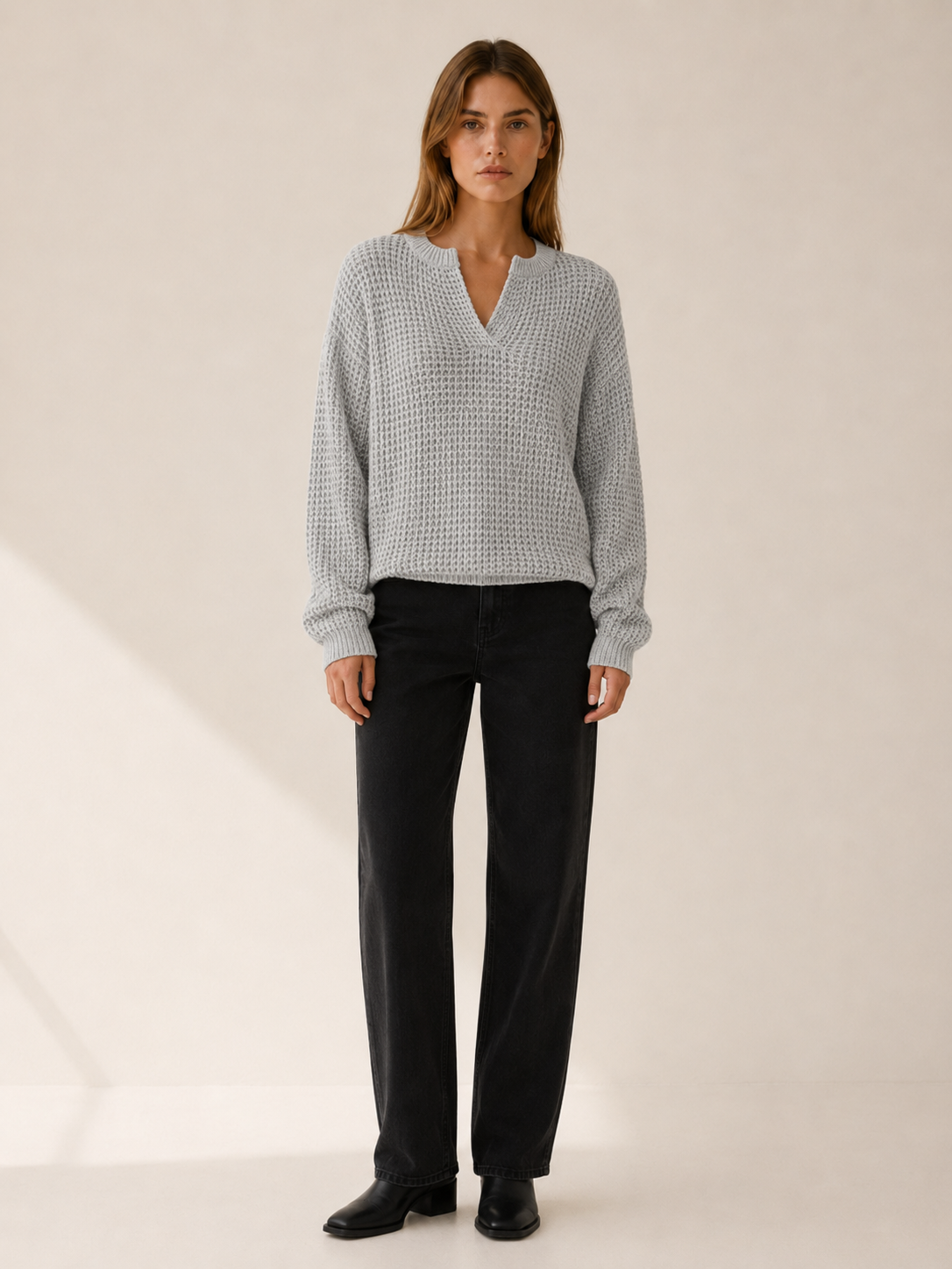 Ysoria | V-Neck Sweater with Notched Neckline and Relaxed Fit