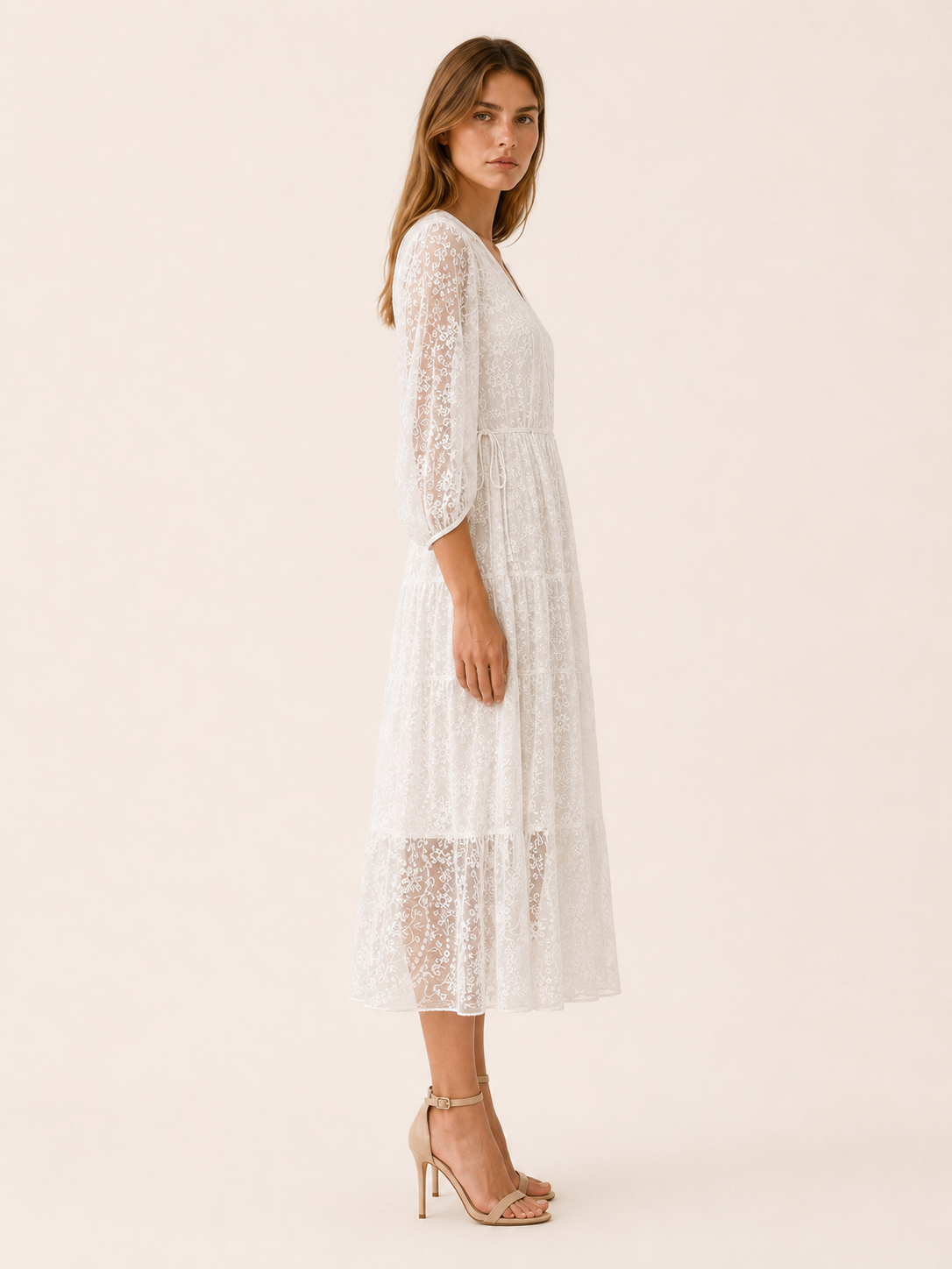 Zamira | Lace Midi Dress with V Neck and Tie Waist