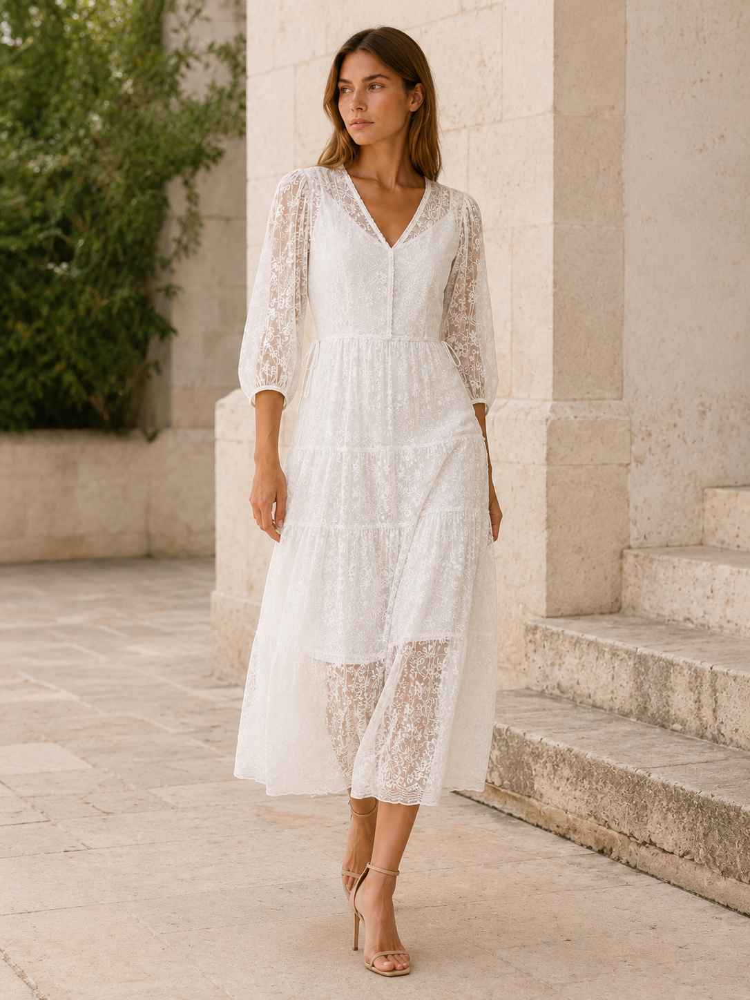 Zamira | Lace Midi Dress with V Neck and Tie Waist