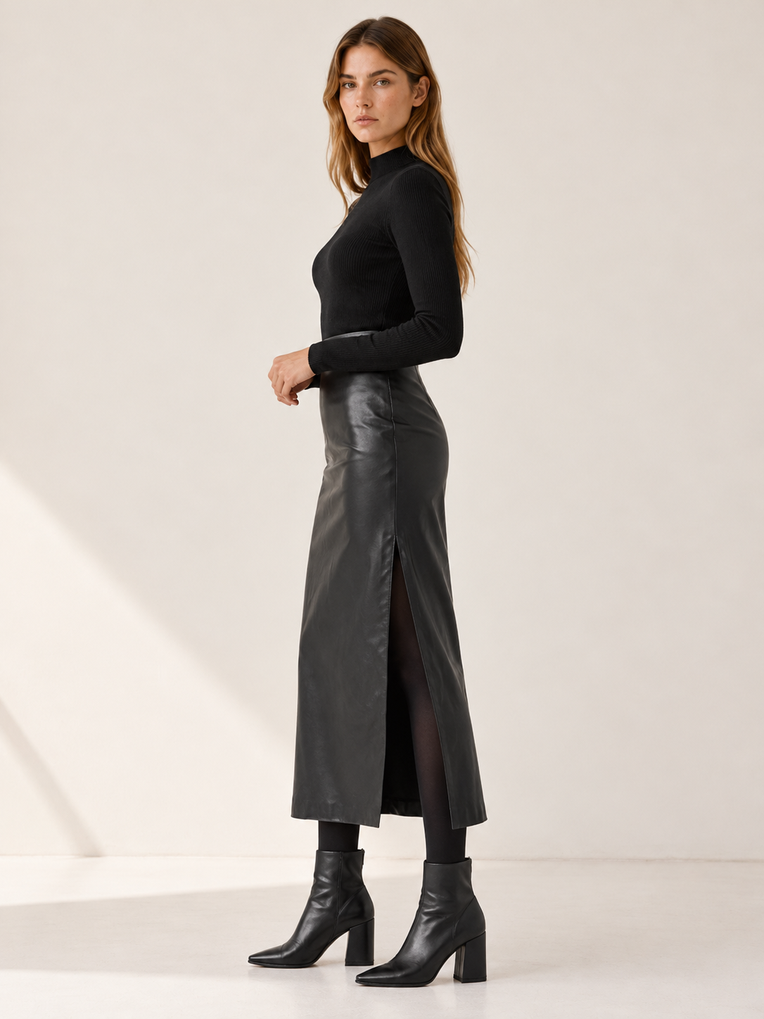 Zariah | Women's Straight Faux Leather Midi Skirt Fall Work